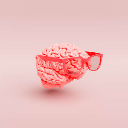 minimalistic scene of a brain with glasses in pastel red color. concept of learning, ideas, inspiration and creativity. 3d renderの写真素材