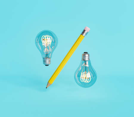pencil with two light bulbs on the sides floating in the air. concept of ideas, creativity, education and discount symbol. 3d renderingの写真素材