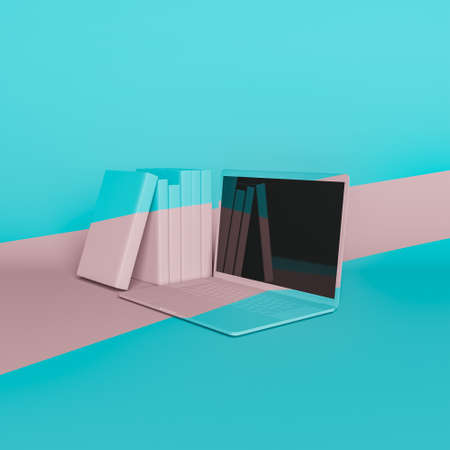 laptop with books next to it and a pastel pink band running through them. minimal concept of online education, learning, reading and online library. 3d renderingの写真素材