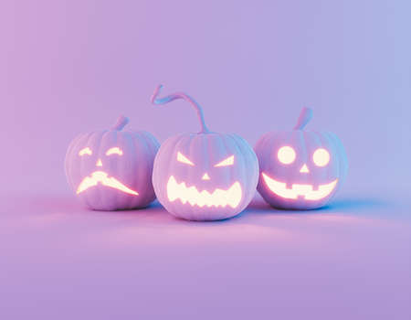 White Halloween pumpkins illuminated with blue and pink neon light. minimal concept of Halloween and autumn. 3d renderingの写真素材