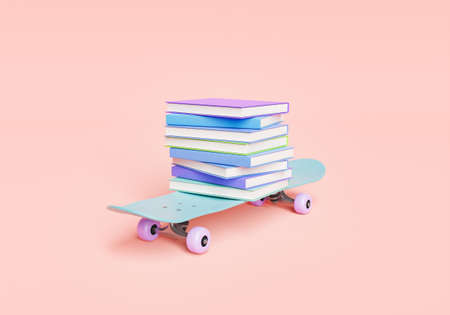 skateboard with a pile of books on top. minimal concept of back to school, youth and education. 3d renderingの写真素材