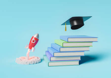 rocket taking off to climb to the top of a stack of books with a graduation hat. concept of success, learning, education and perseverance. 3d renderingの写真素材