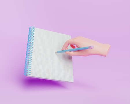 gridded notebook floating in the air with an abstract hand writing on it. minimalistic concept of education, learning, back to school and ideas. 3d renderingの写真素材