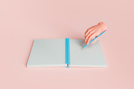 gridded notebook with an abstract hand writing on it. minimalistic concept of education, studying, back to school and ideas. 3d renderingの写真素材