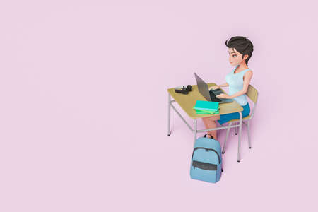 cartoon character of pretty girl with big eyes studying at a desk with a laptop, backpack and books. concept of studying, back to school and online education. 3d renderingの写真素材