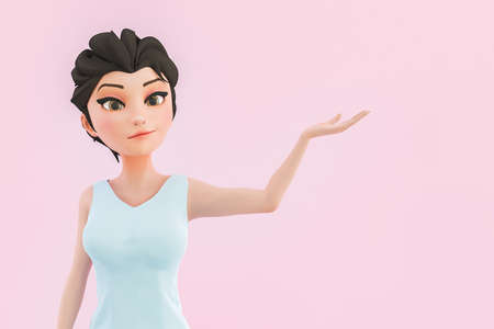 cartoon character of pretty girl with big eyes showing with hand. 3d rendering