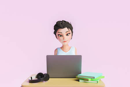 cartoon character of pretty girl looking at laptop on school desk with headphones and books. online education and study concept. 3d renderingの写真素材