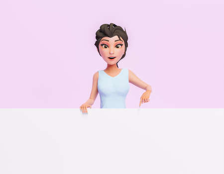 3d character of a cute young woman with a surprised face and pointing to a blank space. 3d renderingの写真素材