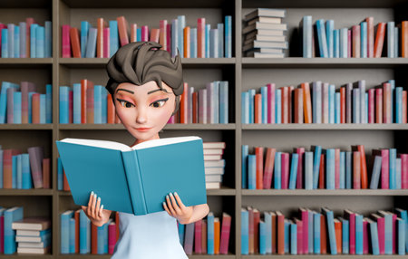 3d female character reading a book with a shelf full of books in the background. 3d renderingの写真素材