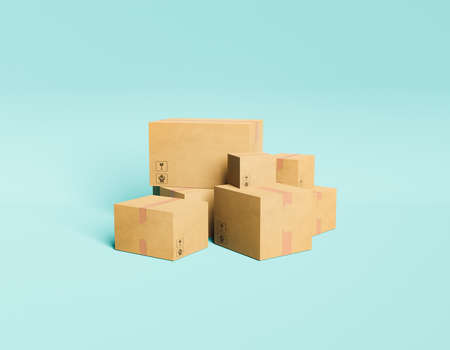 minimal delivery packages stacked on pastel background. home delivery, online shopping and storage concept. 3d renderingの写真素材