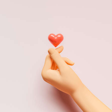 3d hand making korean heart symbol with a heart floating on top. 3d renderingの写真素材