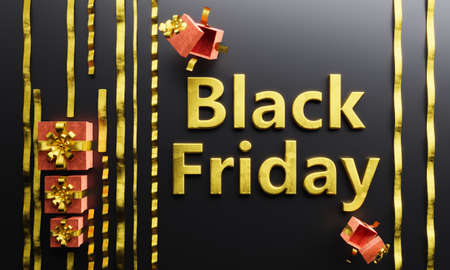 golden BLACK FRIDAY sign with bows and gifts around it. 3d renderingの写真素材