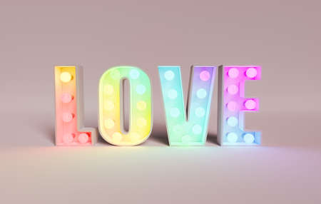 light bulb sign with the word LOVE and rainbow colors. 3d renderingの写真素材