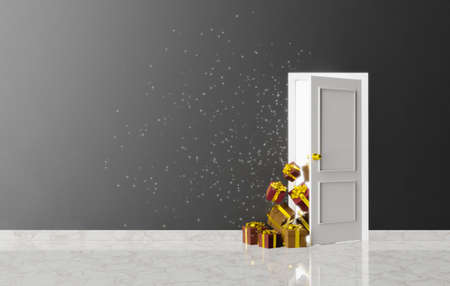 half open door with presents peeking out and a bright light with sparks coming out of it. christmas...