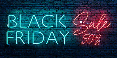 BLACK FRIDAY SALE 50 percent neon sign on brick wall. 3d renderingの写真素材