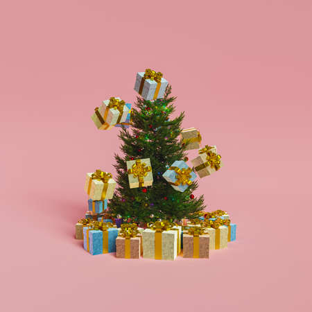 Christmas tree with a spiral of gifts floating around it and more presents underneath. 3d rendering