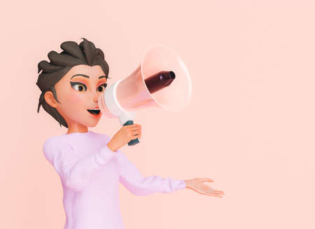 stylized 3d female character talking through a megaphone with pastel colors. 3d renderingの写真素材