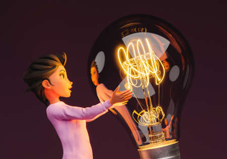 stylized 3d female character holding a giant illuminated light bulb. 3d rendering