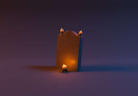 tombstone with lighted candles in minimalist scene. 3d renderingの写真素材