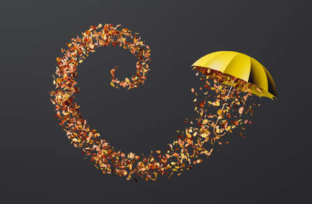 yellow umbrella flying with a row of autumn leaves forming a spiral on black background. 3d renderingの写真素材