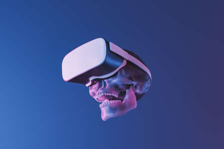 skull with virtual reality glasses and neon lighting. 3d renderingの写真素材