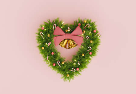 Christmas wreath in the shape of a heart decorated with candies, balls and bells with a big red bow. 3d renderingの写真素材