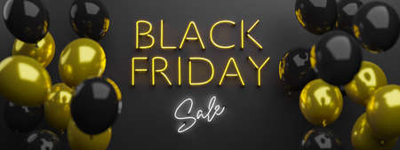 BLACK FRIDAY SALE neon sign header with gold and black balloons on the sides. 3d renderingの写真素材