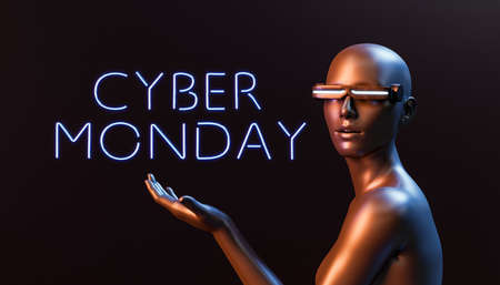 futuristic character showing a CYBER MONDAY sign. 3d renderingの写真素材