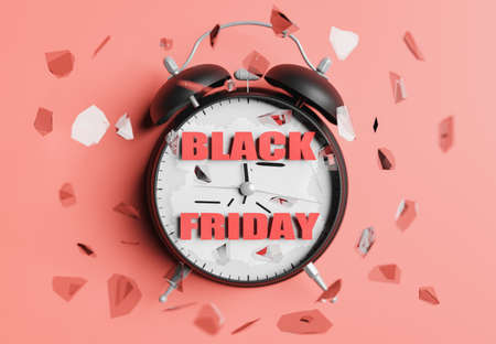 alarm clock with BLACK FRIDAY sign breaking glass and hands. black friday time concept. 3d renderingの写真素材