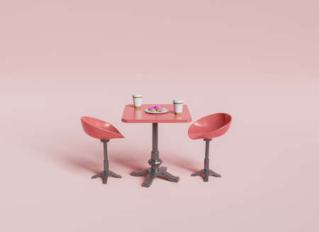 coffee table with donuts and two stools on minimal background. concept of dating, friends and meetings. 3d renderingの写真素材