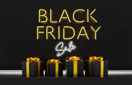 BLACK FRIDAY SALE neon sign on black background with gold gifts underneath. 3d renderingの写真素材
