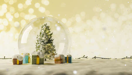 christmas ball on snow with gifts around and background of bright lights out of focus. 3d renderingの写真素材