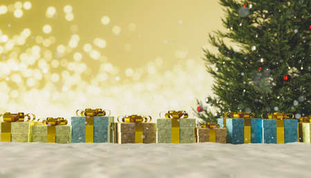 snowy christmas background with row of gifts and christmas tree with blurred light background. 3d renderingの写真素材