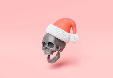 dark skull with christmas hat. 3d renderingの写真素材