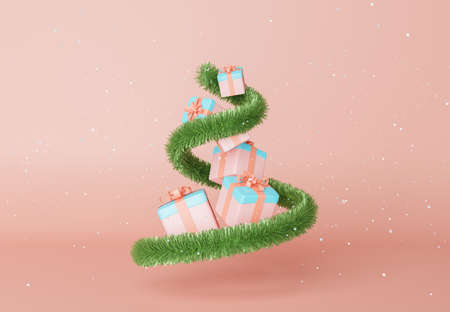 Christmas garland spiral with gifts inside and falling snowflakes. 3d renderingの写真素材