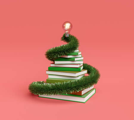 book pyramid with spiral garland and a light bulb on top. concept of learning, school and education at christmas. 3d renderingの写真素材
