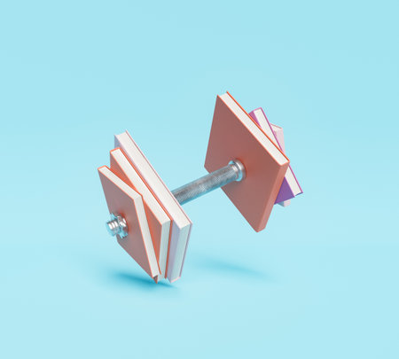 dumbbell of books floating on blue background. concept of education, study and strong intelligence. 3d renderingの写真素材