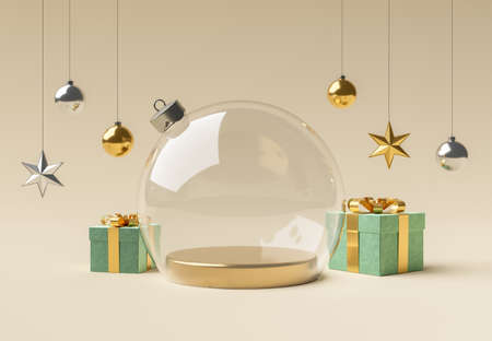 empty crystal christmas ball with ornaments and gifts around. product display, stage, cylinder. 3d renderの写真素材