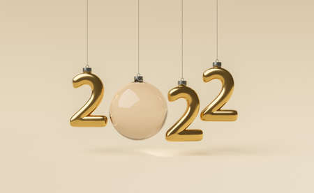 new year 2022 sign made with golden christmas ornaments and a crystal ball. 3d renderの写真素材