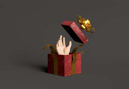 open gift box with a hand coming out of it on dark background. 3d renderingの写真素材