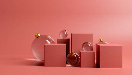 red product stand with christmas balls around it. product display. 3d renderingの写真素材