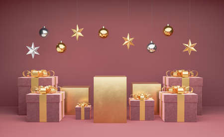 golden podiums with gift boxes around them and christmas ornaments hanging on top for product display. 3d renderingの写真素材