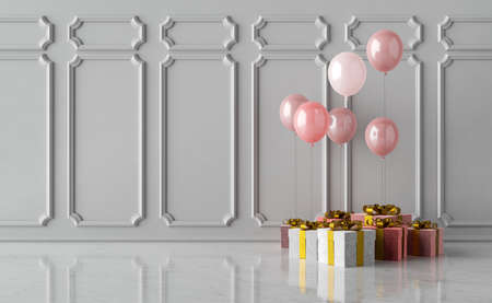 gifts with balloons on marble floor and empty wall. 3d renderingの写真素材