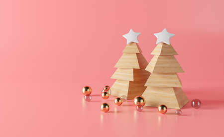 handmade christmas trees with wooden blocks with stars on top and crystal and golden spheres on the ground. minimal christmas concept. copy space. 3d renderingの写真素材