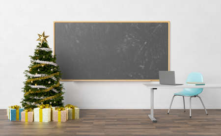 front view of a empty blackboard in a classroom with christmas tree and presents around it. christmas vacation concept, learning and education. 3d renderingの写真素材
