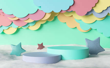 product display podium with wooden stars around and cotton floor with flat clouds in the background. children's background. 3d renderingの写真素材