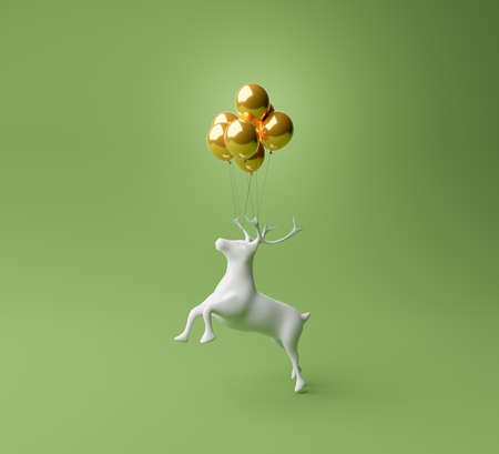 figure of a reindeer with golden balloons tied to his horns. minimalistic green background. concept of christmas, gifts and celebrations. 3d renderingの写真素材