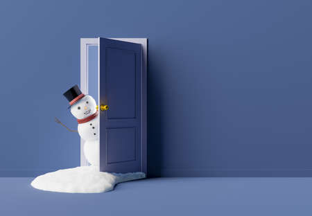 snowman leaning out of an open door with empty wall next to it. concept of winter and christmas arrival. 3d renderingの写真素材