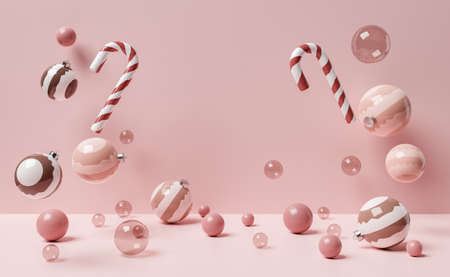 christmas background with balls and candy canes floating in the air. christmas concept. 3d renderingの写真素材