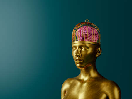 portrait of golden female statue with cage head and brain inside. concept art. 3d renderingの写真素材